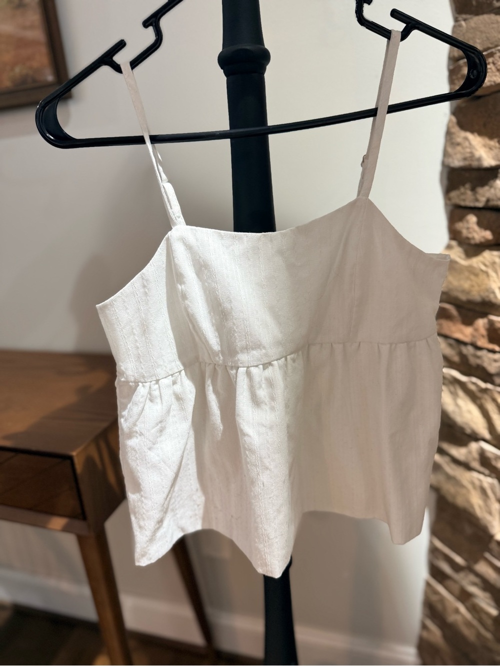 White Linen Look Babydoll Cami Top Smocked Back Adjustable Straps